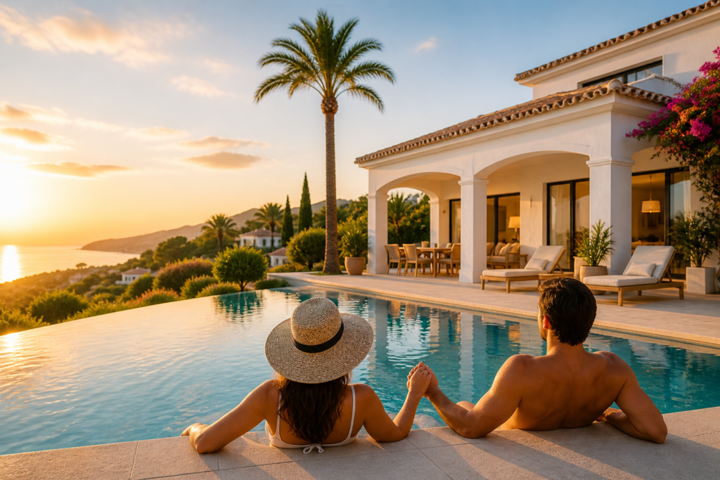 Couple relaxing by luxury villa pool holding hands sea view Spain Costa del Sol lifestyle